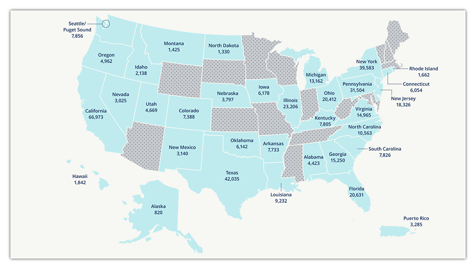Map of the United States includes the number of transplant recipients who developed cancer for each participating state or metro region. 