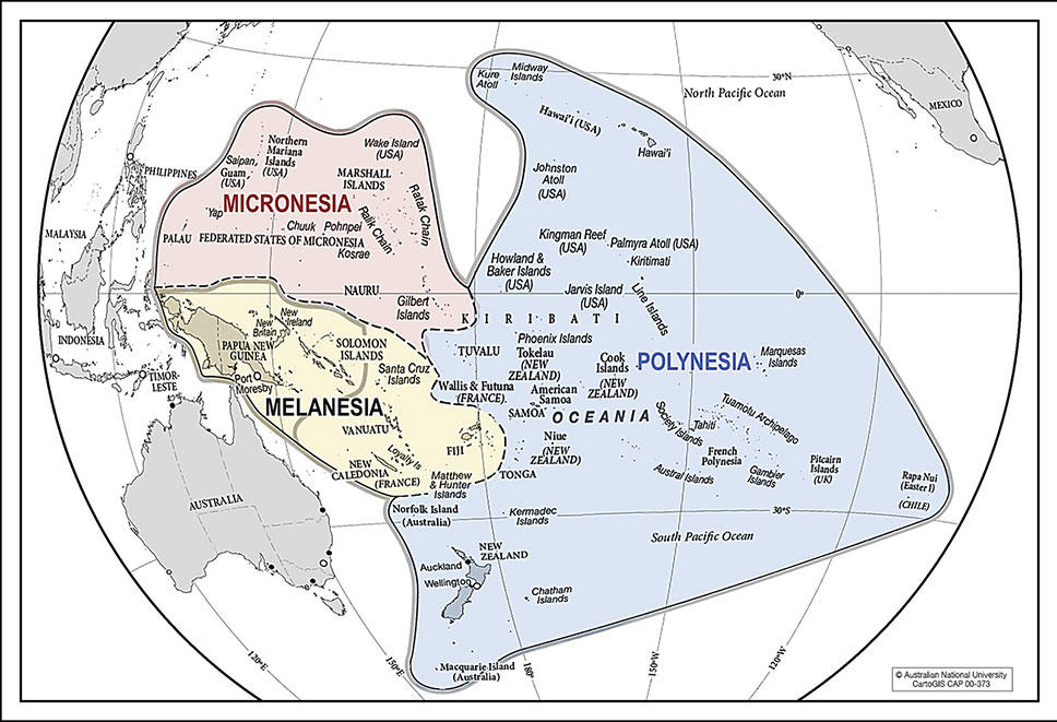 Map of the three ethnogeographic regions of the Pacific Ocean: Melanesia, Micronesia, and Polynesia.