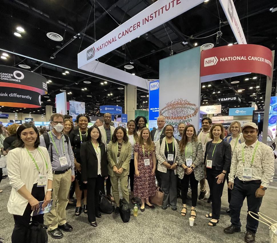 DCEG Group photo at AACR in 2023. From left to right: Daniela Gutierrez Torres, Neal D. Freedman, Jennifer Loukissas, Courtney Dill, Jungeun Lim, Wayne Lawrence, Jongeun Rhee, Brittany Lord, Dominiqua Griffin, Meredith Shiels, Stephen Chanock, Francine Baker, Doug Lowy, Betel Blechter, Rohit Thakur, Jackie Lavigne, Patricia Erickson, and Monjoy Saha.
