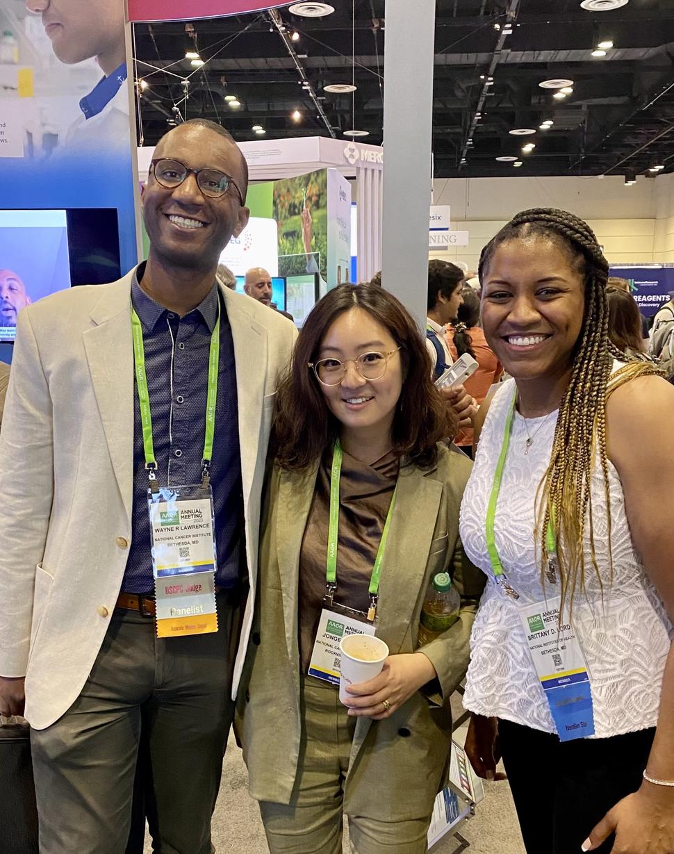 At AACR 2023. From left to right: Wayne Lawrence, Jongeun Rhee, and Brittany Lord. 