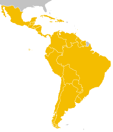 Map of Latin America. Latin American countries in yellow and other countries in grey.
