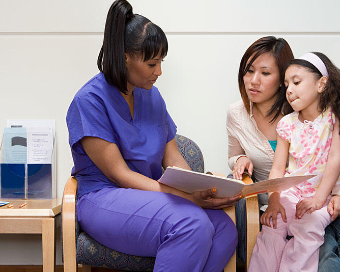 Doctor conferring with mother and daughter