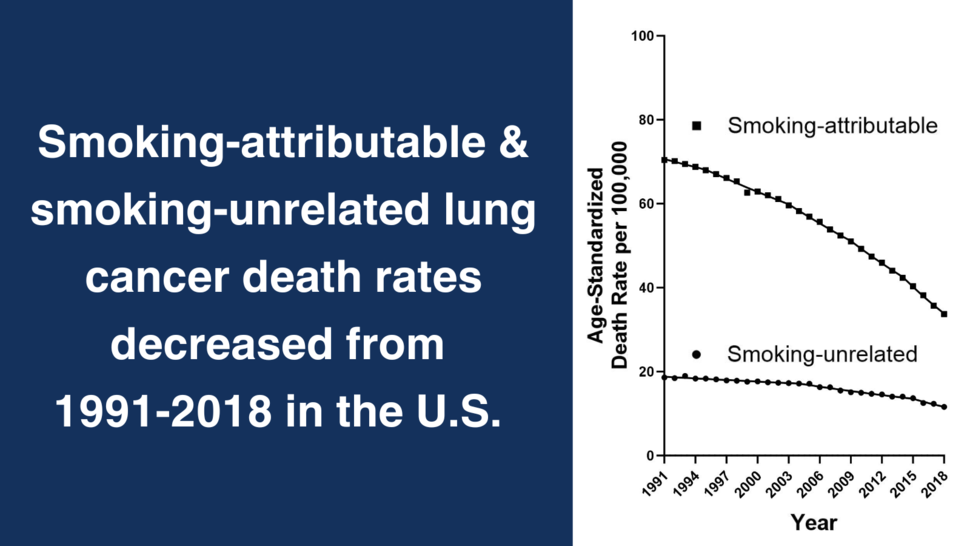Smoking-attributable and smoking-unrelated lung cancer death rates decreased from 1991-2018 in the U.S. A graph shows the steeper decrease in the age-standardized death rate per 100,000 for smoking-attributable lung cancer than for smoking-unrelated lung cancer. 