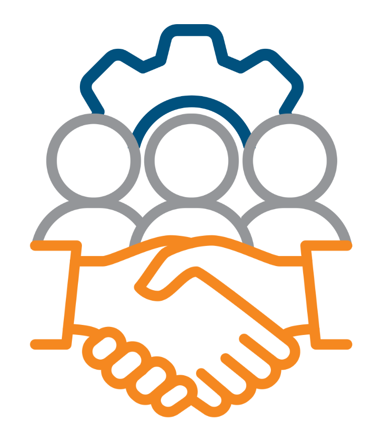 Three figures standing next to each other with an icon of shaking hands in front of them and a gear behind them; meant to illustrate collaboration.