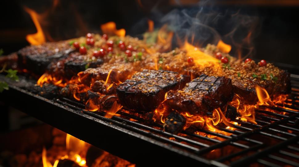 Assorted red meats on a grill, with flames come up through the grate.