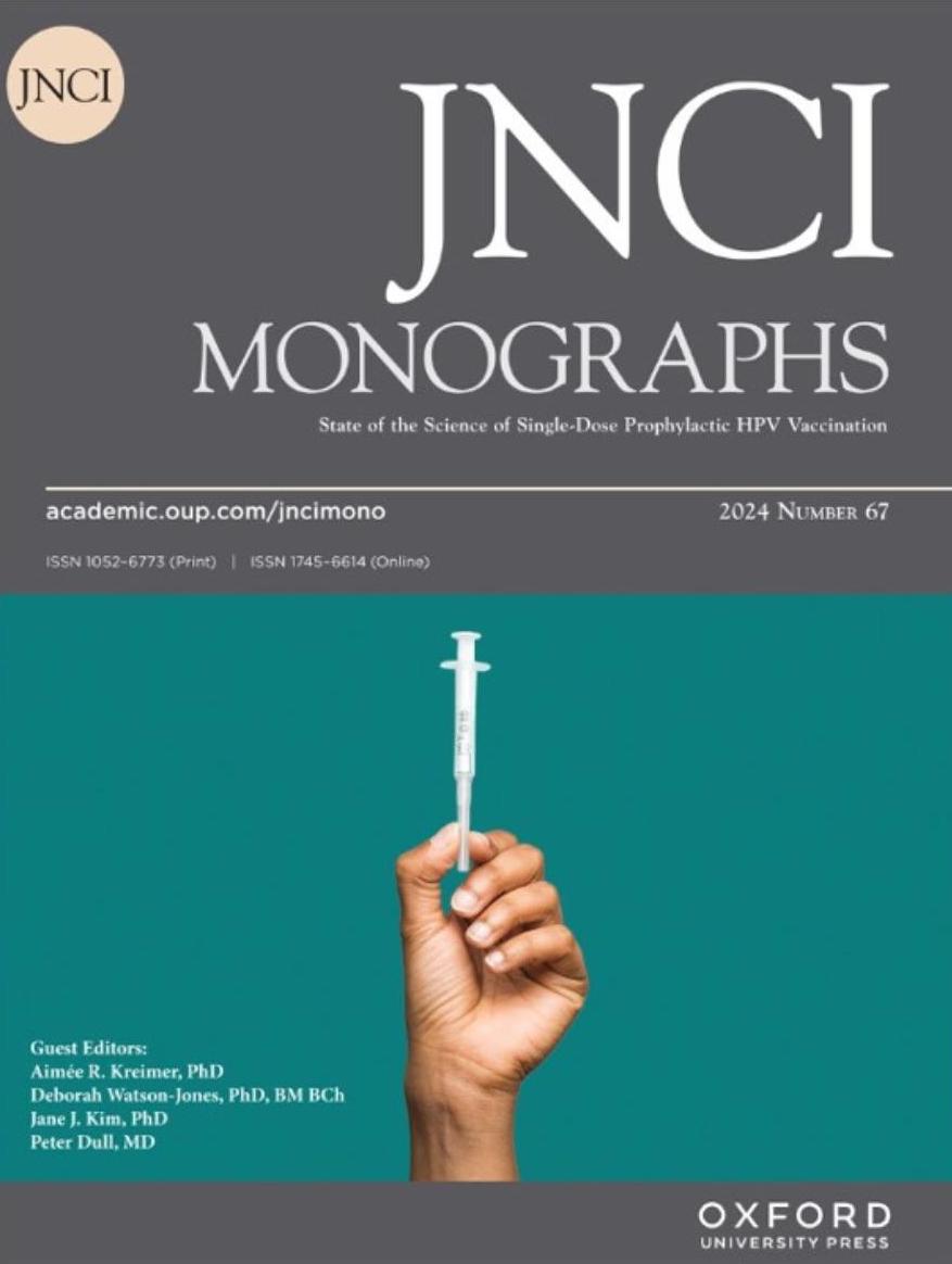 photograph of the JNCI monograph cover showing a hand holding a syringe