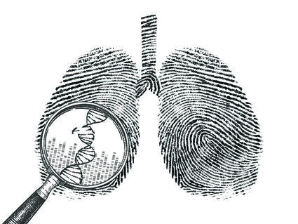 art showing a human lung with magnifying glass, which reveals DNA