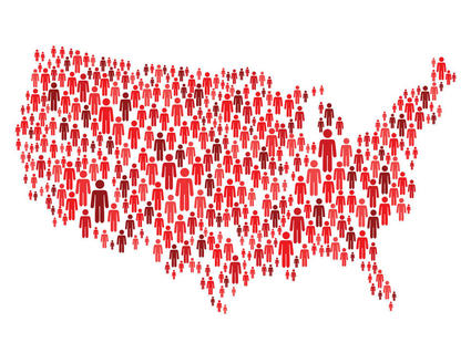 Map of the United States made up of red cartoon people in different shades and sizes