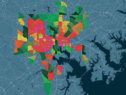 A map of Maryland showing different Census tracts and how socioeconomic risk factors for cancer differ based on neighborhood/location.