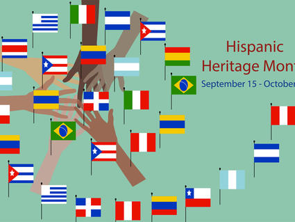 Hispanic Heritage Month with flags of America and hands of different colors.