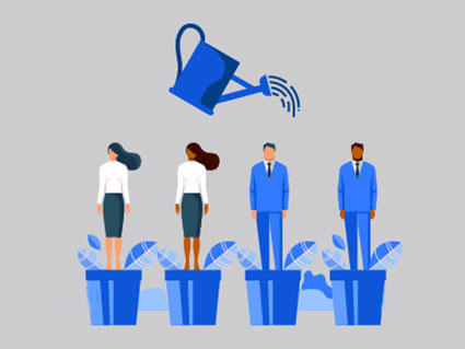 Artist's conception of how NCI fellowships help to grow data scientists. Shows drawing of two men and two women standing in separate flowerpots with a watering can overhead.