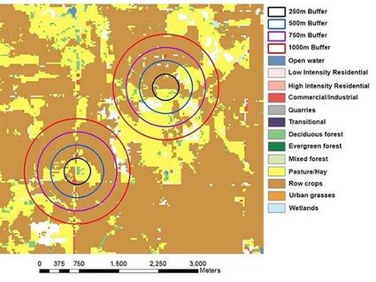 A GIS land usage map displays an agricultural area with two residences whose locations are indicated by concentric circles representing buffer zones of increasing size. 