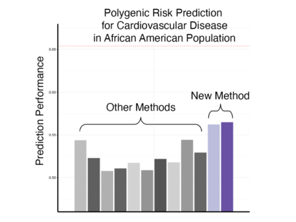 Graph showing prediction performance for different methods of polygenic risk prediction for cardiovascular disease in African American population. The new method has higher prediction performance than the other methods.. 
