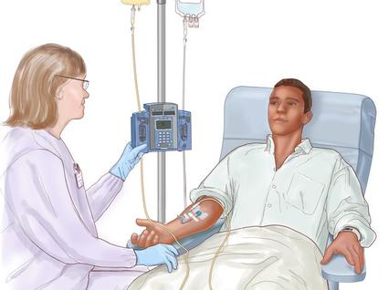 Intravenous (IV) chemotherapy. A patient is given an anti-cancer drug through a vein in the arm. The anti-cancer drug travels through the blood to kill cancer cells in the body.