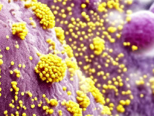 Single, large, smooth, purple cell structure with yellow, clustered viruses attached 