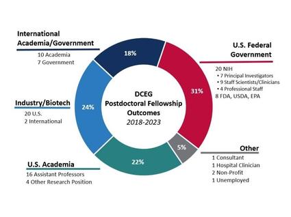 A pie chart depicting the percentage of career outcomes of DCEG fellows: International Academia/Agency, U.S. Academia, Industry/Biotech, U.S. Federal Government, and other.