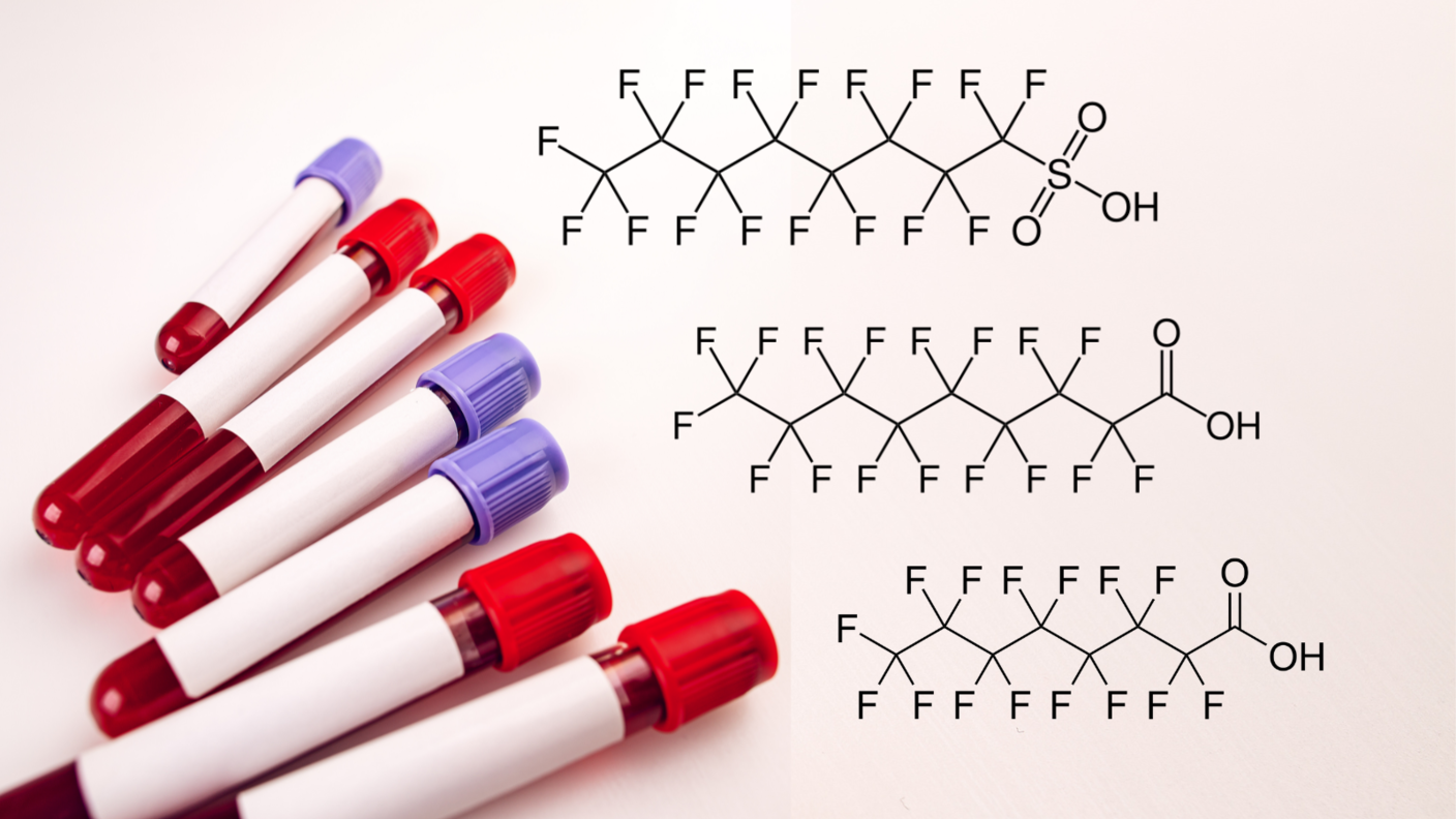 Vials of blood lie on a blank background with the chemical structures of three PFAS (PFOS, PFNA, and PFOA) drawn next to them.