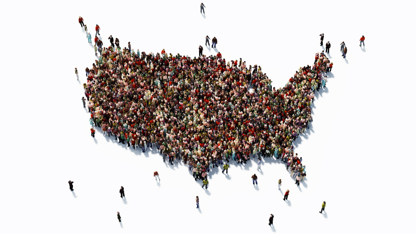 Map of the contiguous United States made up of tiny cartoon people.