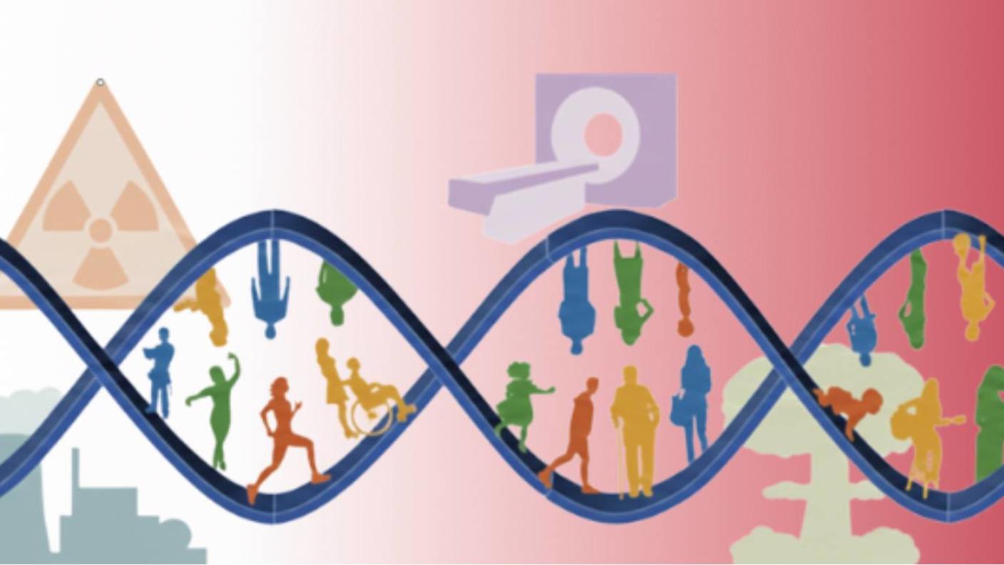 graphic depicting radiation exposure, DNA, and sources of radiation