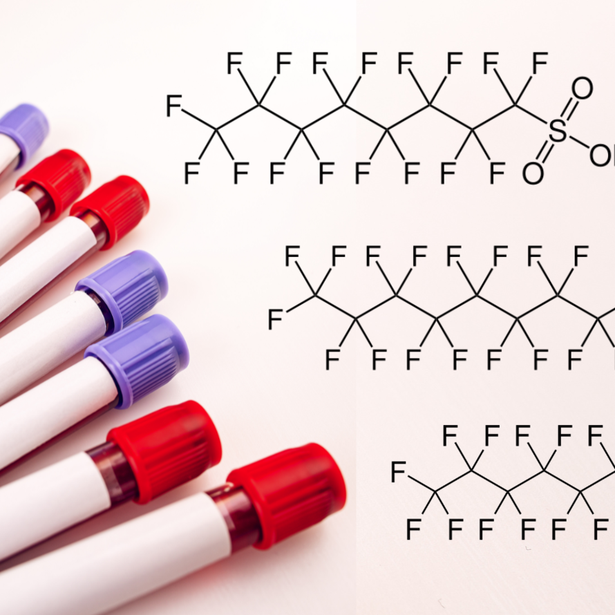 Vials of blood lie on a blank background with the chemical structures of three PFAS (PFOS, PFNA, and PFOA) drawn next to them.