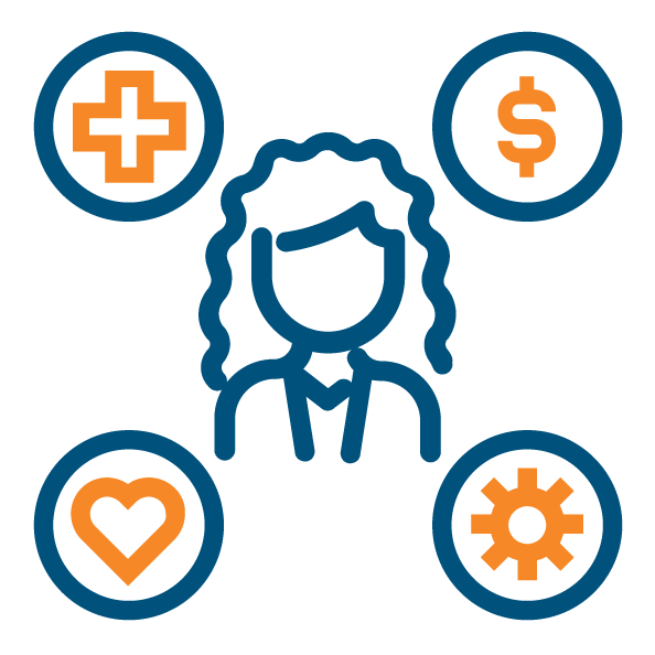 Icon of a person with symbols around them: medical cross, dollar sign, heart, and a gear. 