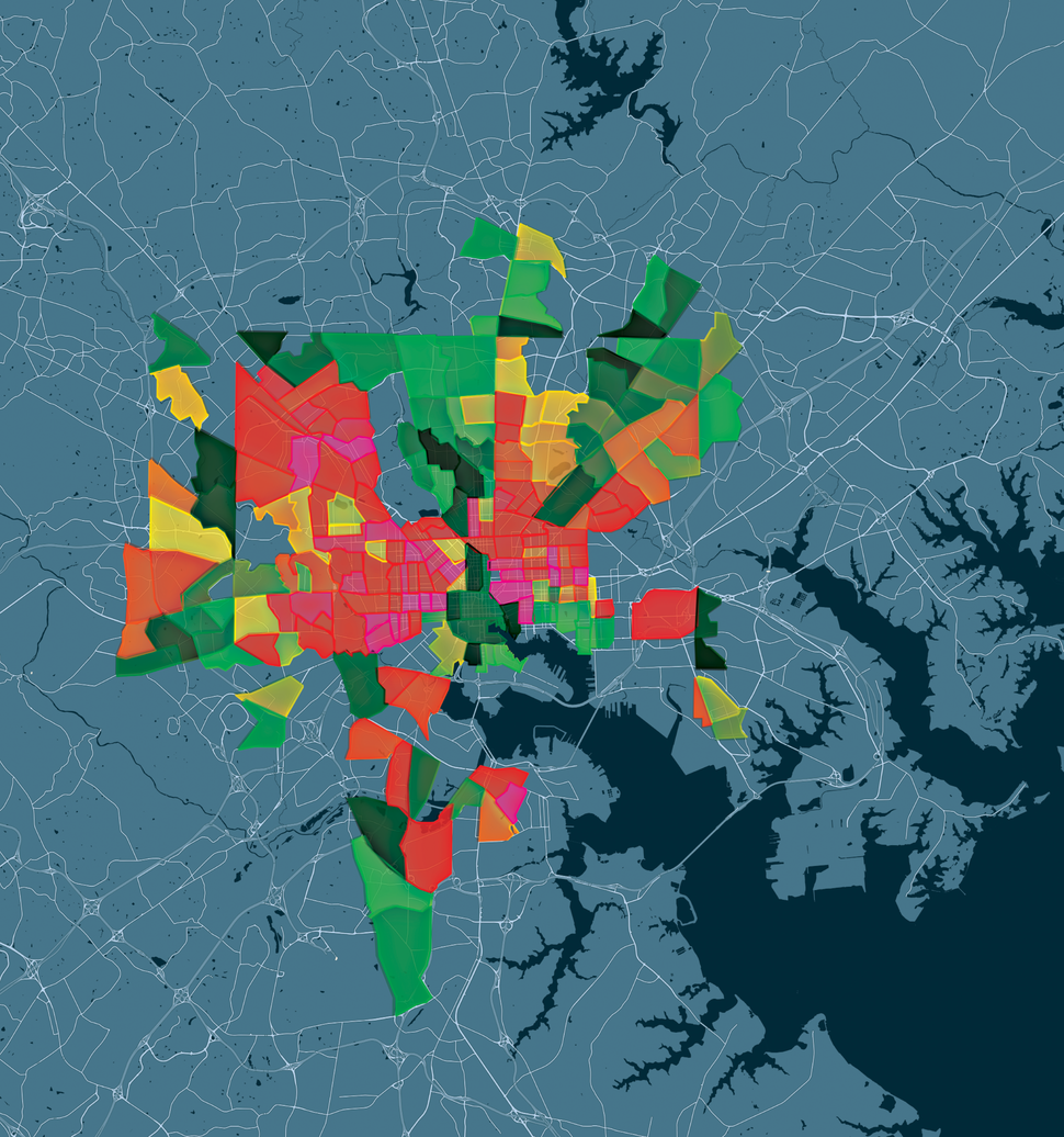 A map of Maryland showing different Census tracts and how socioeconomic risk factors for cancer differ based on neighborhood/location.