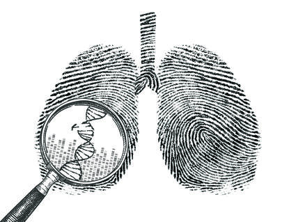 art showing a human lung made out of fingerprints with magnifying glass, which reveals DNA